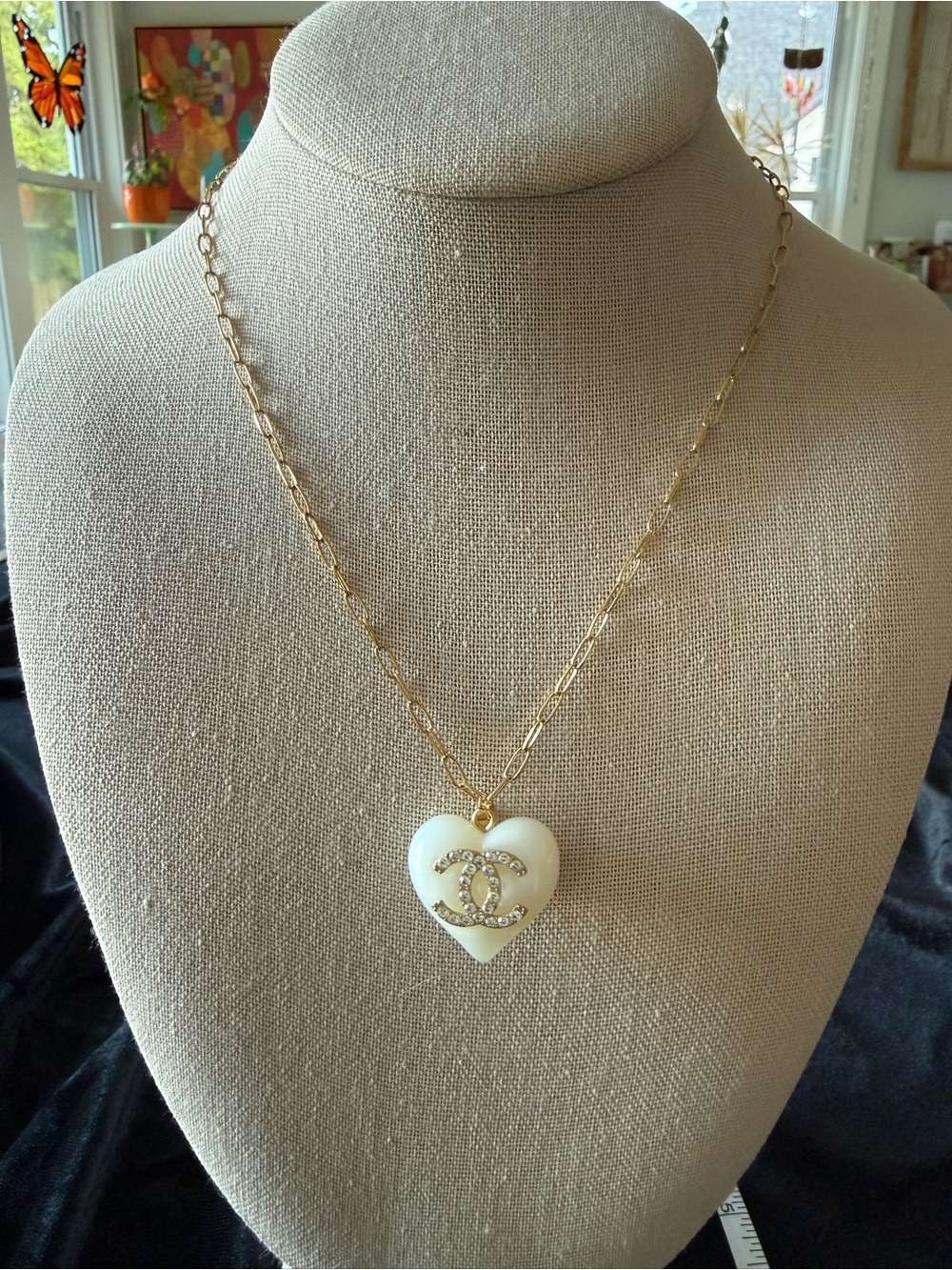 Gold Chain Necklace with White Puff Heart Pendant and Crystal Accent 18”